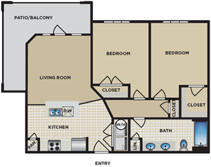 B1 - Two Bedroom / One Bath - 882 - 896 Sq. Ft.*
